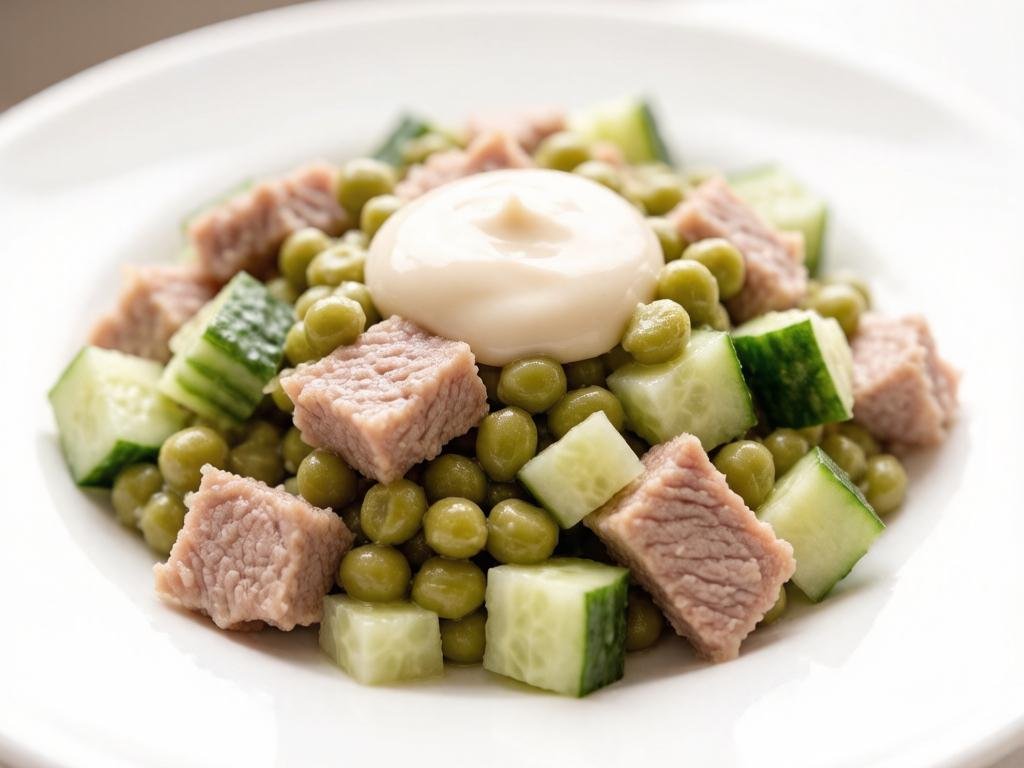Салат с говядиной, огурцами и зелёным горошком