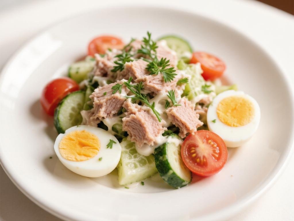 Салат с тунцом, овощами и яйцом